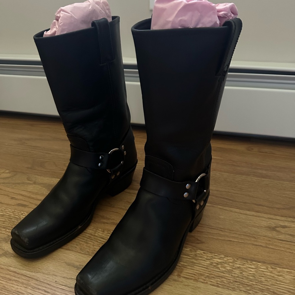 Frye Black Leather Harness Combat Boots